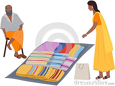 Indian street bazaar, man sells carpets and textile. Asian street market with authentic goods Vector Illustration