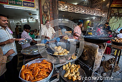 Indian street food vendors near the holy Ganges river. Editorial Stock Photo