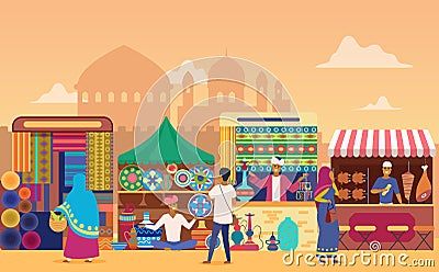 Indian street market at sunset flat vector illustration Vector Illustration