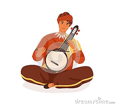 Indian street musician playing traditional string instrument, vina or veena. Happy smiling man in turban and ethnic Vector Illustration
