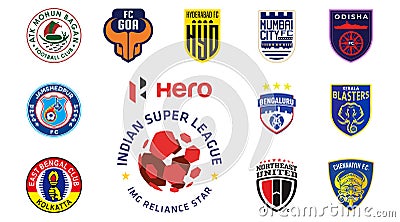 Indian Super League season 2022-23. Bengaluru FC, Chennaiyin, East Bengal, FC Goa, Hyderabad FC, Jamshedpur FC, Kerala Blasters, Vector Illustration