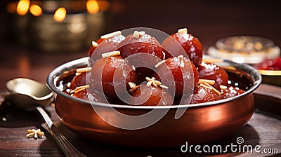 Sweet Gulab Jamun in Metal Bowl Stock Photo