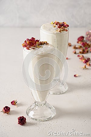 Indian Sweet lassi with saffron and rose water . Stock Photo