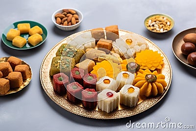 Indian sweets served wooden plate, indian meal looks delicious Stock Photo