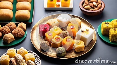 Indian sweets served wooden plate, indian meal looks delicious Stock Photo