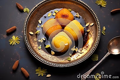 Indian sweets served wooden plate, indian meal looks delicious Stock Photo