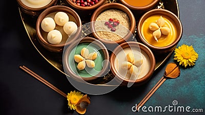 Indian sweets served wooden plate, indian meal looks delicious Stock Photo