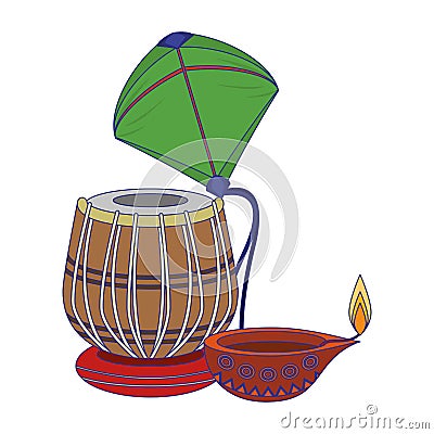 Indian tabla drum with kite and oil candle blue lines Vector Illustration