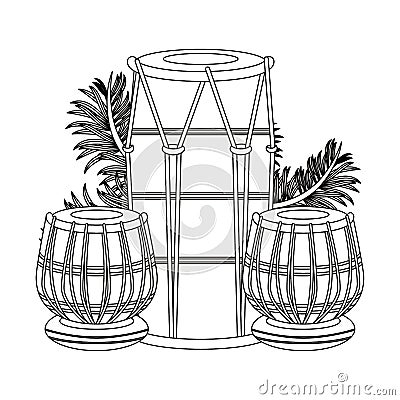 Indian tabla drums with leaves in black and white Vector Illustration