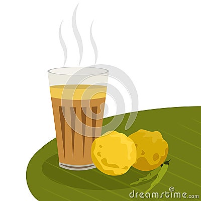 Maharashtrian style tea with potato vada on a leaf Vector Illustration