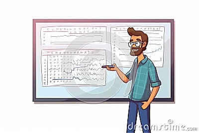 Indian teacher is near the whiteboard. Beautiful illustration picture. Generative AI Cartoon Illustration