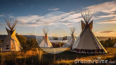 Indian teepees stand in native american encampment at sunset. Stock Photo