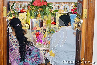 Indian temple in individual houses offering prayers to Lord Ganesha on Vinayaka Chavithi Editorial Stock Photo