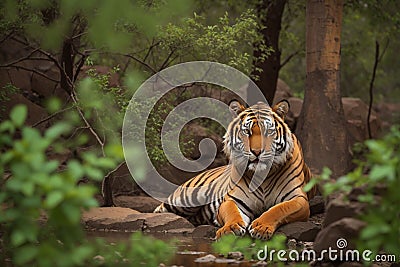 Indian Tiger Male Embracing the First Rain in Ranthambore, India Stock Photo