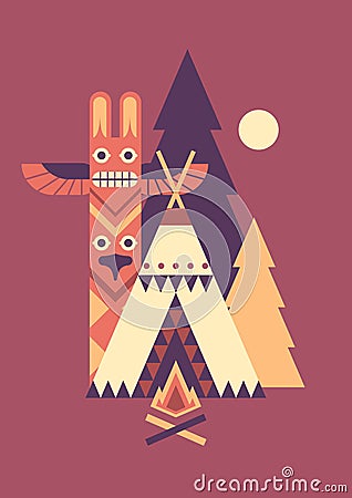Indian totem and tent Vector Illustration