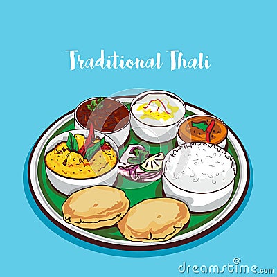 Indian Traditional cuisine thali illustration Cartoon Illustration