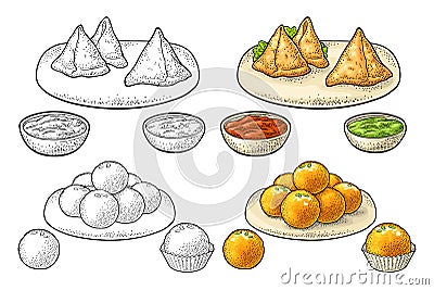 Samosa on board with sauces in bowl. Vector color engraving Vector Illustration