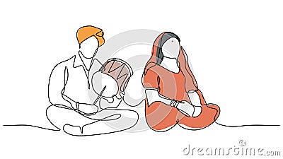 Indian traditional music player. One line drawing continuous hand drawn. A man and woman sing and playing folk song Vector Illustration