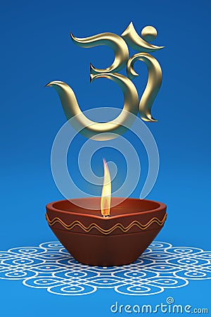 Indian Traditional Oil Lamp with Om Symbol Stock Photo