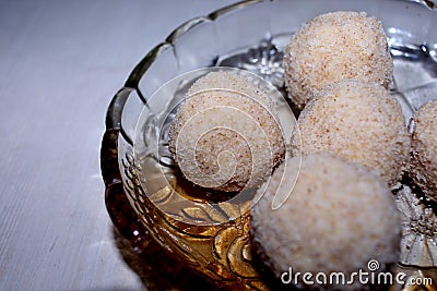 Indian traditional Rava ladoo or Semolina Ladoo Or Rawa Ladu Stock Photo