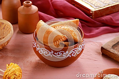 Indian Traditional Sweet Food Gujiya or Gujia made during the Holi Festival Stock Photo