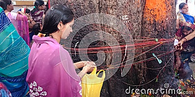 an indian traditional women worshipping natural tree during navratri festival at jalpa temple in india oct 2019 Editorial Stock Photo