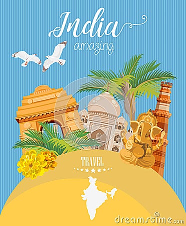 Indian travel colorful template. Amazing India. I love India. Vector illustration in vintage style Vector Illustration