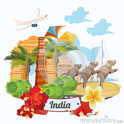 Indian travel colorful template. Light design. I love India. Vector illustration in retro style Vector Illustration