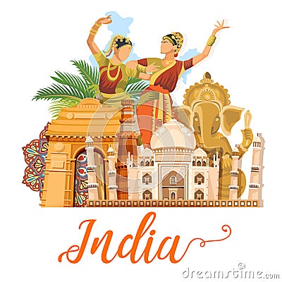 Indian travel template on white background. I love India. Vector illustration in vintage style Vector Illustration