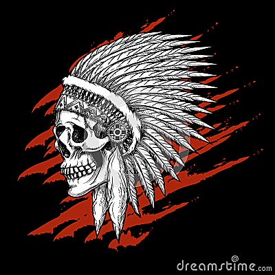 Indian tribal skull with feathers emblem Vector Illustration