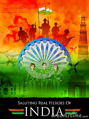 Indian tricolor background saluting real heroes of India showing armed force and women pilot Vector Illustration