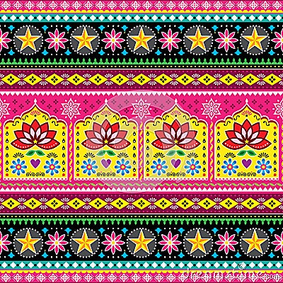 Indian truck art floral seamless folk art pattern, Pakistani Jingle trucks vector design, vivid ornament with lotus flowers and a Stock Photo