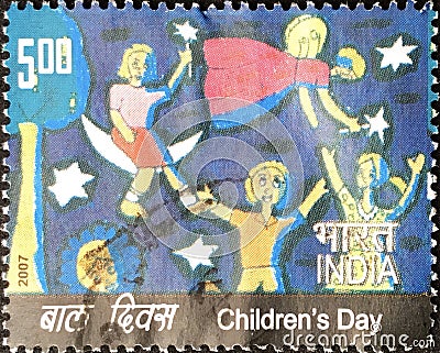 Indian used stamp dedicated to the Children`s Day Editorial Stock Photo