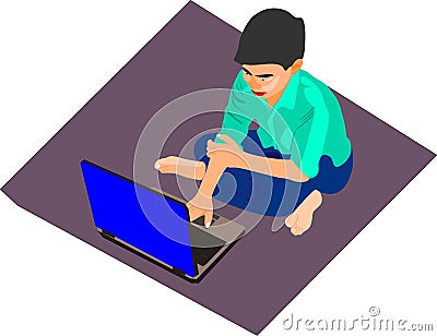 Poor boy laptop technology education art Vector Illustration