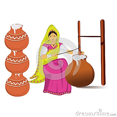Indian Village woman making butter with bilona Vector Illustration