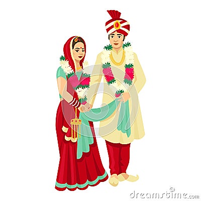 Indian wedding couple in traditional dresses. Vector design for wedding invitation Vector Illustration