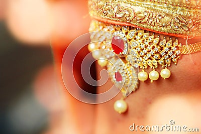 Bridal dress and hand of bride, Indian Wedding Preparation. Luxury Oriental Fashion beauty Accessories with lights Stock Photo