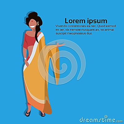 Indian woman bindi standing in national traditional clothes female cartoon character full length flat copy space Vector Illustration