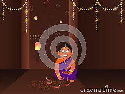 Indian Woman Character Decorating Rangoli With Lit Oil Lamps Diya, Diwali or Deepawali Festival Celebration Stock Photo