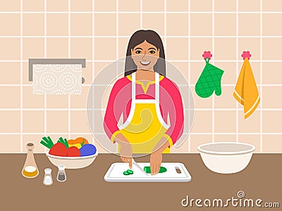 Indian woman cuts vegetables for salad in kitchen Vector Illustration