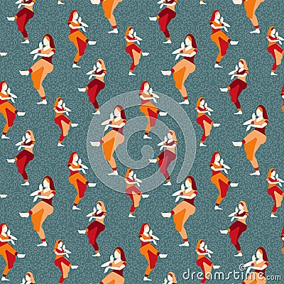 Indian woman dancing silhouette movie, cinema traditional clothes girl vector illustration seamless pattern background Vector Illustration