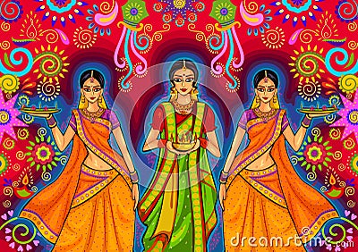 Indian woman with diya decoration for Diwali festival celebration in India Vector Illustration