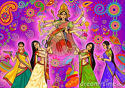 Indian woman doing dhunuchi dance of Bengal during Durga Puja Dussehra celebration in India Vector Illustration