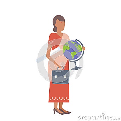 Indian woman geography teacher holding clipboard and globe school staff worker wearing traditional uniform female Vector Illustration