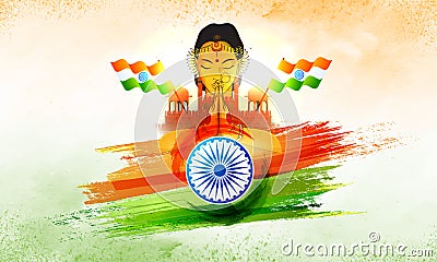 Indian woman greeting Namaste, Ashoka Wheel and Waving Flags on Stock Photo