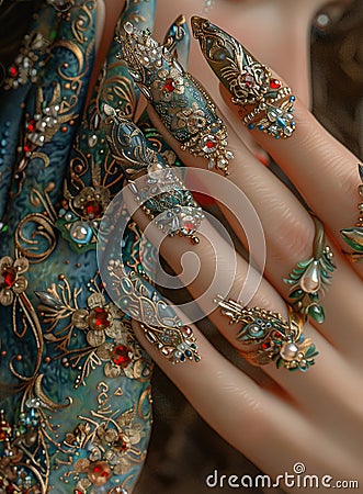 An Indian woman hand with diamonds and jewls fake nails, AI Stock Photo