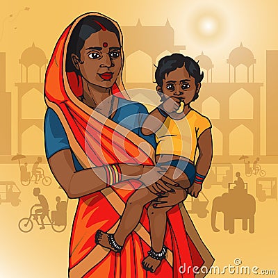 Indian woman holding baby Vector Illustration