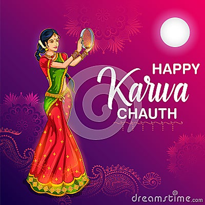 Indian woman performing Hindu married festival ritual of Karwa Cahuth looking moon through sieve Vector Illustration