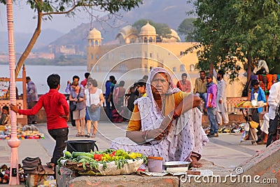 Indian woman selling vegetables at Man Sagar Lake in Jaipur, Ind Editorial Stock Photo