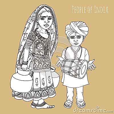 Indian woman with water pots and boy playing tabla Vector Illustration